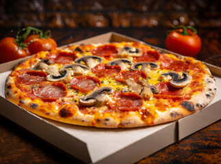 Close up image of a pepperoni and mushroom pizza in a box. Pizza delivery concept. Wood oven fried pizza hot out of the oven