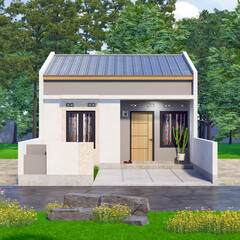 Tiny house concept with monochrome colors. 3d rendering