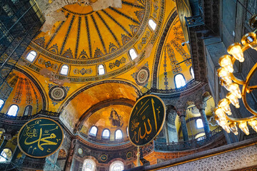 Artistic paintings and decorative motifs of the vaulted ceilings of the Hagia Sophia, 6th century masterpiece of Byzantine Eastern Orthodox christian architecture in Istanbul,Turkey - obrazy, fototapety, plakaty