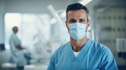 Close up portrait of a surgeon wearing a mask and surgery coat in the operating room hospital.
