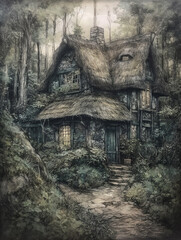 detailed_thatched_cottage_in_a_forest_setting_dark_charc