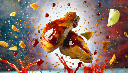 Flying Grilled Chicken Wings - obrazy, fototapety, plakaty