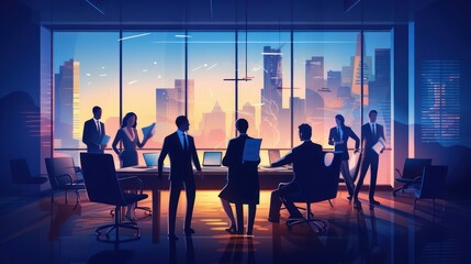 Design Illustration of a businessman meeting in an office room with a skyscraper city view in the background from a large glass window.