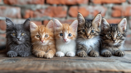 three cute cats sitting on the ground. kittens - obrazy, fototapety, plakaty