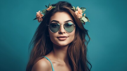 Portrait of beautiful young woman with flowers in hair and sunglasses on blue background