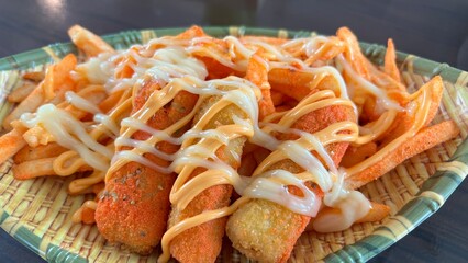 Crispy deep fried crab stick with cheese and mayonnaise