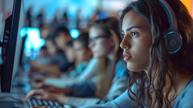 Back to school, Computer Lab Concentration, Showcase the concentration and focus of students working in a computer lab, background image, generative AI