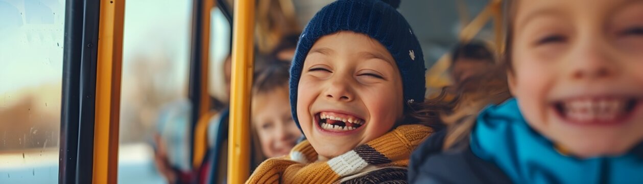 Back to school, School Bus Stories, Photograph kids sharing stories and laughter while riding the school bus, background image, generative AI