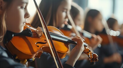 Back to school, Musical Ensemble, Capture the passion and dedication of students practicing in a school orchestra, background image, generative AI - obrazy, fototapety, plakaty