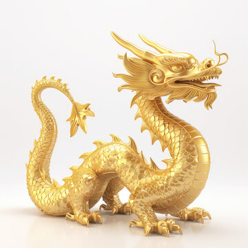 elegant gold dragon in spiraling pose, isolated white background.  high-quality image for lunar new year celebrations and traditional chinese art