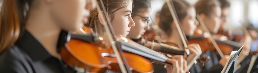 Back to school, Musical Ensemble, Capture the passion and dedication of students practicing in a school orchestra, background image, generative AI - obrazy, fototapety, plakaty