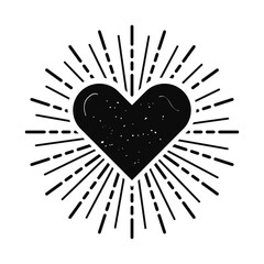 Black ink isolated silhouette sunburst heart shape blank banner with texture icon and design element on white background