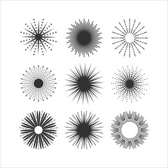 Black abstract isolated round sunburst decorative icons and design elements set on white background