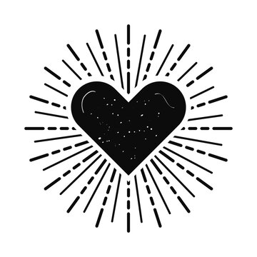 Black ink isolated silhouette sunburst heart shape blank banner with texture icon and design element on white background