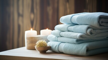 A pile of towels on a table in a women's beauty and spa reflexology clinic room, decorated with perfume and candles. Wooden plank background.