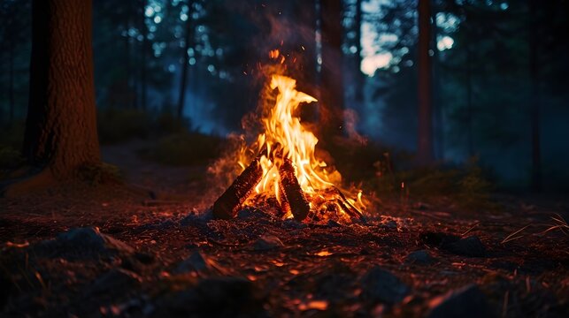 Portrait of a beautiful campfire in the middle of the forest at night, background image, generative AI