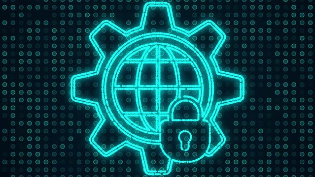 Digital internet, gear and padlock icons made of moving blue glowing particles on technological sky blue dots background. Concept of vpn and internet configuration secure.