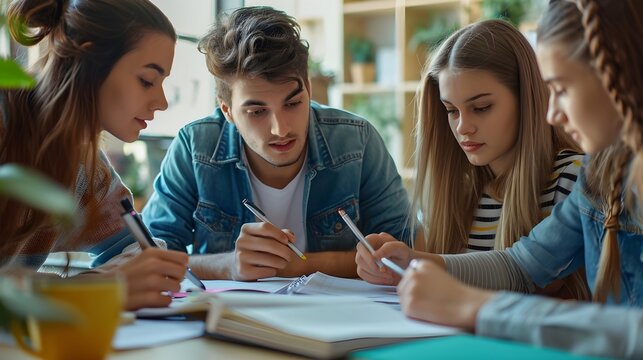 Back to school, Study Group, Photograph a group of students collaborating on homework or a project, background image, generative AI