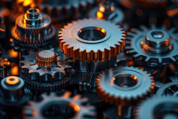 Intricate arrangement of metallic gears and cogs, close-up, showcasing precision engineering and industrial design