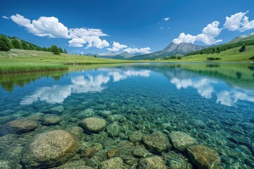 Serene lake with crystal clear water, reflecting the sky and surrounding landscape, peaceful and pristine