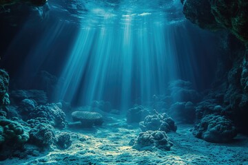 Underwater scene with soft light filtering through, showcasing the depth and mystery of the ocean â€“v 6 --ar 3:2 --stylize 400 --v 6 Job ID: 91c8ae0a-e109-4efa-b629-9ca02fb358f0 - obrazy, fototapety, plakaty