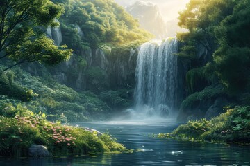 Surreal image of a waterfall flowing in a fantasy landscape, symbolizing abundance and nourishment - obrazy, fototapety, plakaty