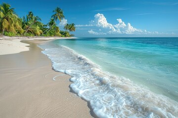 Tropical beach with waves gently lapping the shore, clear blue water, and white sand, idyllic and inviting