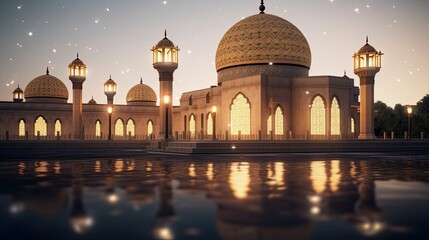 Fototapeta na wymiar a big lantern with islamic mosque at evening time ramadan kareem background