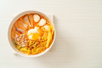 egg noodles with pork and meatball in spicy soup - obrazy, fototapety, plakaty
