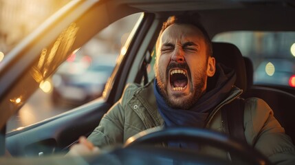 Angry driver screaming at someone from car in traffic jam