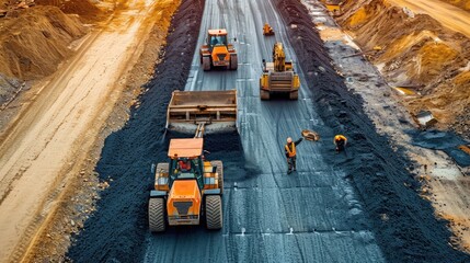 Construction site is laying new asphalt pavement, road construction workers and road construction machinery scene.