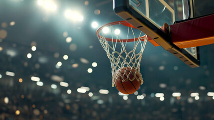 A basket ball flies into the basket against the background of a basketball arena - obrazy, fototapety, plakaty