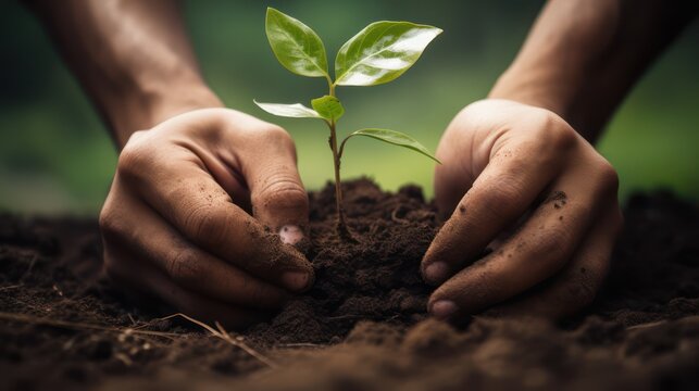 Close up view of both hands planting tree seedlings for reforestation. Care for the natural environment for the future.