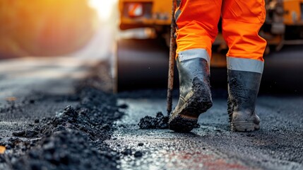 road worker in orange overalls renovates a section of the road with hot asphalt against the background of a road roller in blur. Road repair concept, place for text, copy space.