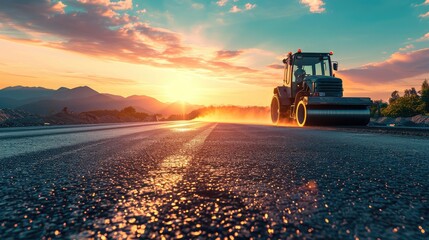 Fototapeta premium Sunset above the road roller working on the new road construction site