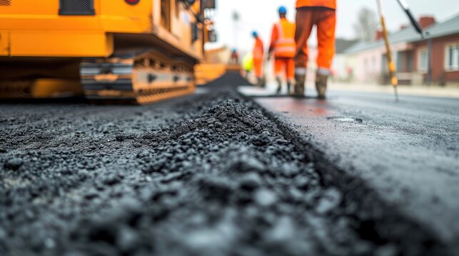 road workers' working group updates part of the road with fresh hot asphalt and smoothes it for repair.