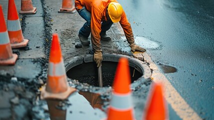 Worker over the open sewer hatch on a street near the traffic cones. Concept of repair of sewage, underground utilities, water supply system, cable laying, water pipe accident - obrazy, fototapety, plakaty