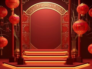Podium and round podium for Chinese new year 2025 on red paper cut style background. - obrazy, fototapety, plakaty