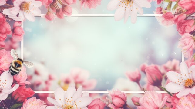 Spring time theme border frame copy space text template, decorated with beautiful blooming flowers.