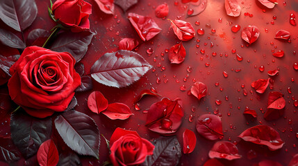 beauty red background with red rose leafs, copy space generative ai
