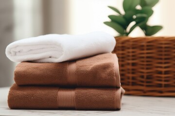 Obraz na płótnie Canvas Stack of clean towels on table in bathroom, 