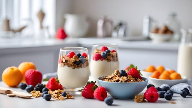 Front view of a nutritious breakfast in a white kitchen, featuring fresh fruit, granola made of vegetarian yogurt, and a blue table. Duplicate the image of space Location for text or design additions