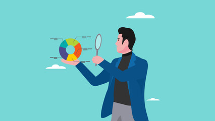 data analyst illustration, Financial Analyst Or Consultant, analysis of economic growth graphs, business growth analysis, businessman analyze data with magnifying glass vector illustration flat style