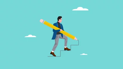 Tuinposter progress towards success or career success, journey to achievement business success, career progress concept, career success with creative skill, businessman climbs stairs made with pencil lines © Vanz Studio