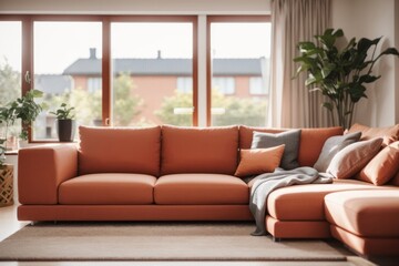 Scandinavian Interior home design of modern living room with orange fabric corner sofa and green plants near the window