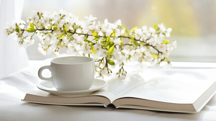 Obraz na płótnie Canvas cup of coffee on pile of books on windowsill with blossoming cherry tree branch