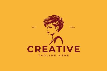 Illustration of women's hairstyle icon, logo with women's face. Vector beauty concept.