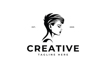 Illustration of women's hairstyle icon, logo with women's face. Vector beauty concept.