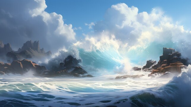 Big sea waves, tidal waves and storms, a terrifying atmosphere of the ferocity of the sea.