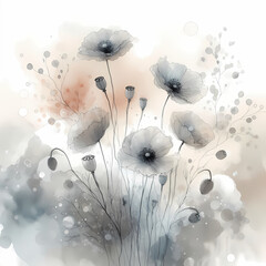 background with poppy flowers, grayscale, beige pink